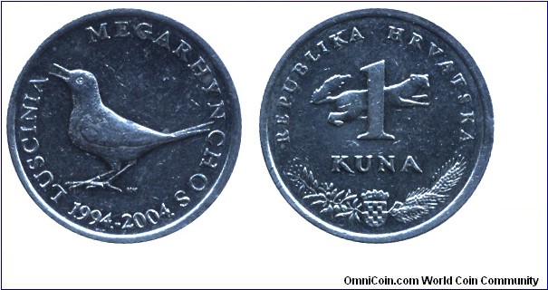 Croatia, 1 kuna, 2004, Cu-Ni, 22.5mm, 5g, 1994-2004, 10th Anniversary of National Currancy, Luscinnia Megarhyn (Nightingale).