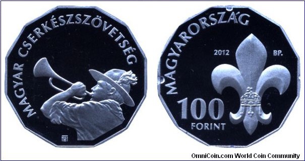 Hungary, 100 forints, 2012, Cu-Ni, 30mm, 10g, 12-sided, 100th Anniversary of Hungarian Scout Association.