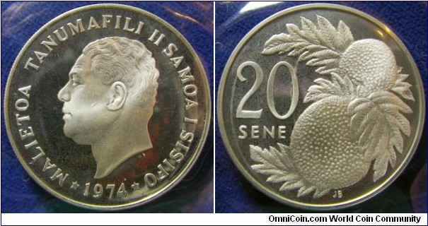 Samoa 1974 20 sene, struck in silver proof. 