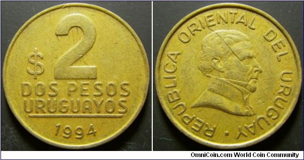 Uruguay 1994 2 pesos. Scratch. Weight: 4.56g. 