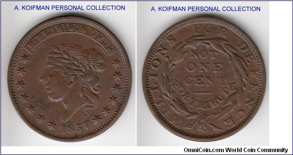 1837, United States of America, HT-46 Hard Times token NOT ONE CENT FOR THE TRIBUTE - MILLIONS FOR DEFENCE; copper, plain edge; chocolate brown about uncirculated but with some scratches in front of Liberty's chin.