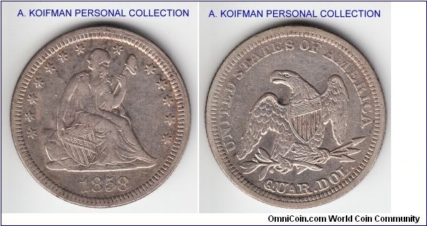 KM-A64.2, 1858 Unites States 25 cents (quarter dollar), Philadelphia mint (no mint mark); silver, reeded edge; very fine or so.