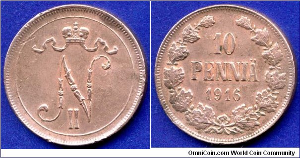 10 pennia.
Grand Duchy of Finland in the Russian Empire.
Nicholaus II (1894-1917).


Cu.
