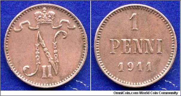 1 penni.
Grand Duchy of Finland in the Russian Empire.
Nicholaus II (1894-1917).


Cu.