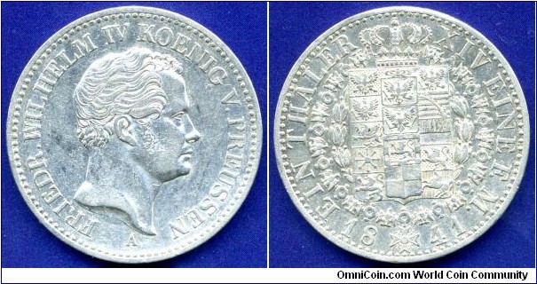 Thaler.
Kingdom of Prussia.
Friedrich Wilhelm IV (1840-1866), von Preussen.
Portrait in 1841.
*A* - Berlin mint.
Mintage 2,280,000 units.


Ag750f. 22,27gr.