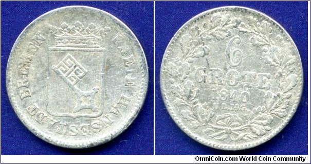 6 grote (1/12 Thaler).
Freie Hansestadt Bremen.
Mintage 79,000 units.


Ag740f. 1,944gr.