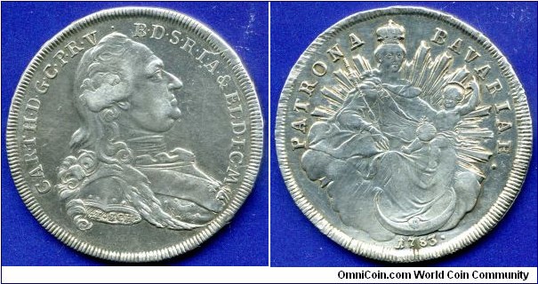  Thaler (Conventthaler, Madonnenthaler).
Duchy of Bavaria.
Karl Theodor (1777-1799).
Munich mint.


Ag833f. 28,06gr.