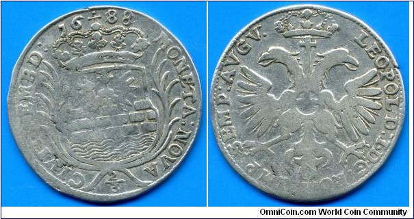 Gulden (2/3 Thaler).
Emden Stadt.
Leopold I (1657-1705), Emperor of Holy Roman Empire.


Ag.