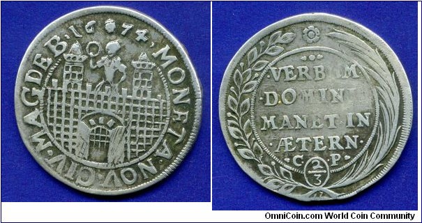 2/3 Thaler (Gulden).
Magdeburg Stadt.
Mintmaster Christoph Pflug work in 1672-78 and 1682-83.


Ag.