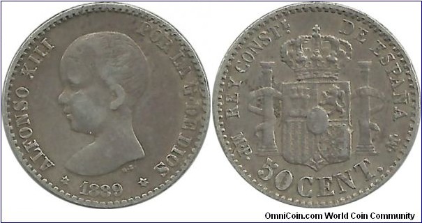 Spain 50 Centimos 1889(89)MP-M