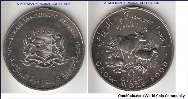 KM-15, 1970 Somalia 5 shillings proof; copper-nickel, reeded edge; mintage 1,000, lightly toned/hazed coin, FAO second conference anniversary