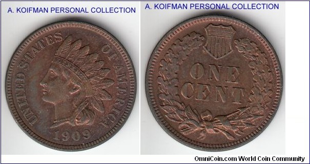 KM-90a, 1909 Unites States of America cent; bronze, plain edge; Indian head, mostly brown uncirculated, some luster showing from under, especially on reverse.