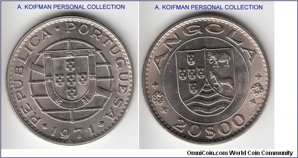 KM-80, 1971 Portuguese Angola 20 escudo; nickel, reeded edge; bright uncirculated