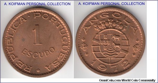KM-76, 1972 Portuguese Angola escudo; bronze, plain edge; nice red uncirculated, few marks/spots.