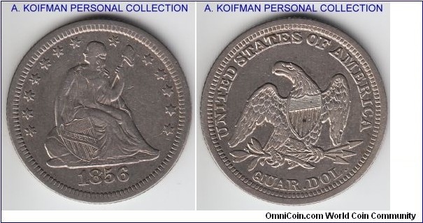 KM-A64.2, 1856 Unites States 25 cents (quarter dollar), Philadelphia mint (no mint mark); silver, reeded edge; very fine to about extra fine.