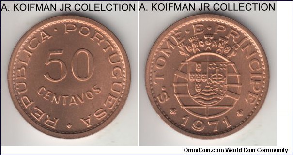KM-17.2, 1971 St Thomas and Prince 50 centavos; bronze, plain edge; 2-year late colonial type, larger flan, brilliant red uncirculated.