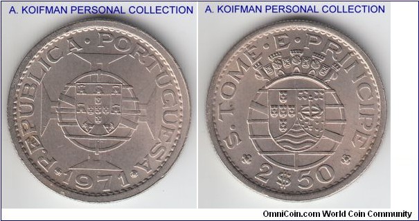 KM-19, 1971 San Tomas and Prince 2 and 1/2 escudo; copper-nickel, reeded edge; brilliant uncirculated.