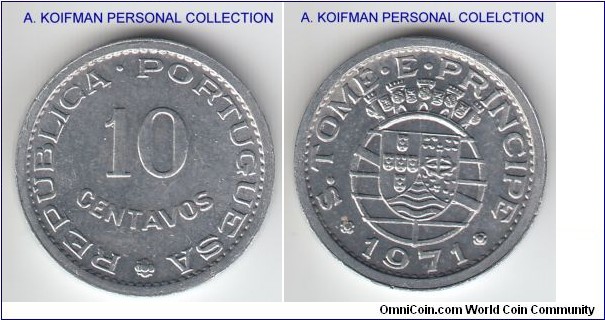 KM-15a, 1971 San Tomas and Prince 10 centavos; aluminum, plain edge; brilliant uncirculated.