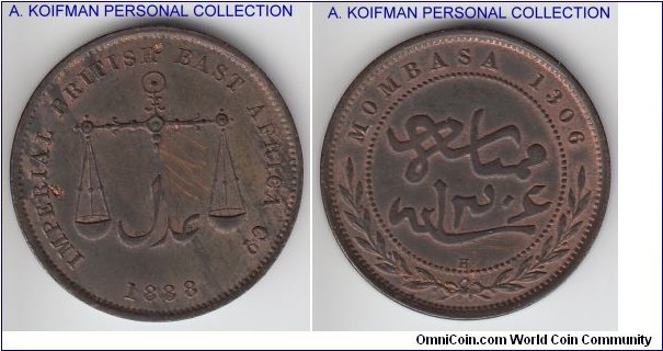 KM-1.3, 1888 Mombasa pice, Heaton mint (H mint mark); bronze, plain edge; medium letters variety, somewhat streaky and dark, but with remaining sporadic lustre, uncirculated or almost.