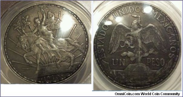 1910 Mexico Un Peso Silver Caballito (crown) by Charles Pillet. Silver: 39MM./27.07 gms.
Obv: Liberty seat on Caballito (Little Horse) holding touch with sun rays backing. Date 1910.  Rev: Eagle with Snake, legend ESTADOS UNIDOS MEXICANOS, UN PESO.

