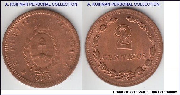 KM-38a, 1949 Argentina 2 centavos; copper, plain edge; this is a recut date 1949/9 or similar vaiety (looks more like 9/0 to me), bright red