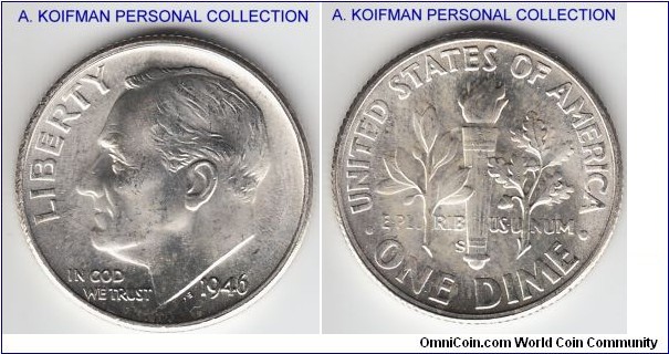 KM-195, 1946 Unites States of America 10 cents, San Francisco mint (S mint mark); silver, reeded edge; first year of type issue, lustrous uncirculated, few bag marks, but reverse is excellent. Will certainly designate as Full Torch as all torch lines are clearly seen with the bands split.