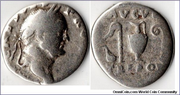 Vespasian silver denier. not too brilliant condition, but collectable. Rev `AUGUR TRI POT' sacrificial implements. Circa 71 ad