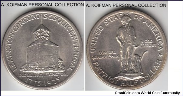 KM-156, 1925 United States of America half dollar; silver, reeded edge; Lexington-Concorde commemorative, nice uncirculated.