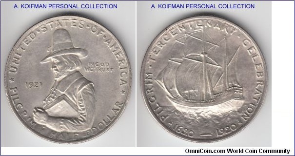 KM-147.2, 1921 United States of America half dollar, Pilgrim Tercentenary commemorative; silver, reeded edge; uncirculated, scarcer second year of issue.
