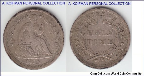 KM-A62.2, 1856 United States of America half dime (5 cents), Philadelphia mint (no mint mark); silver, reeded edge; very fine or about, grey toned.