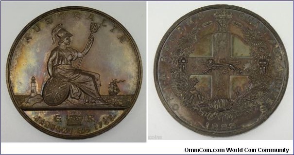 1888 Australia Centenary of the arrival of British settlers in Sydney Cove on 26 January 1788 Medal by William Joseph Amor. Silver: 51MM.
Obv: Portrays a familiar Australia/Britannia seated with a sailing ship & lighthouse in the background. Legend AUSTRALIA, exerque initials GR (George III - reigned 1760-1820) separated by a crown, and the historic date of the settler's arrival. Rev: Depicts the Arms of New South Wales within wreath of native flora headed by a crown and the monogram VR. The motto ORTA RECENS QUAM PURA NITES translates to recently srisen how bright thou shineth. (The medal was one of the very first to be crafted by Amor' compamy. 
