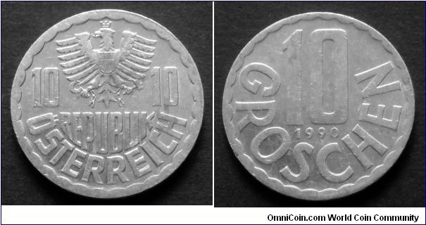 Austria 10 groschen 1990, Al-mg.
Weight; 1,1g.
Diameter; 20mm.
Mint; Münze Österreich - Wien.
Mintage: 182.050.000 pieces.