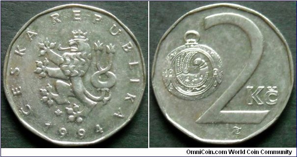 Czech Republic 2 koruny. 1994, Struck in Royal Canadian Mint, Winnipeg (RCM mintmark)