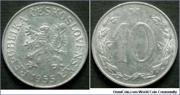 Czechoslovakia 
10 haleru. 1955, Al-mg.
Weight; 1,8g.
Diameter; 22mm.
Mint; Kremnica.