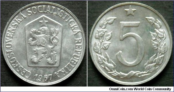Czechoslovakia 
5 haleru.
1967, Al-mg.
Weight; 0,8g.
Diameter; 20mm.
Mint; Kremnica.
Mintage: 20.770.000 
pieces.