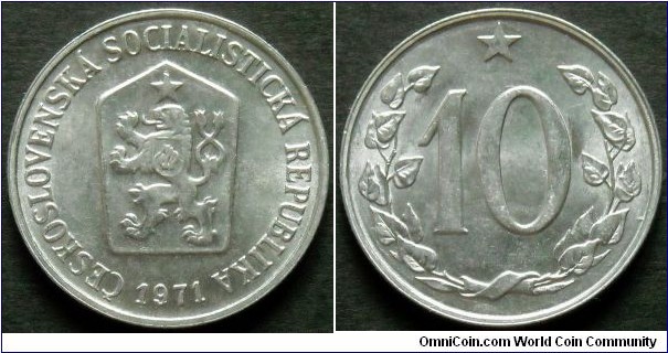Czechoslovakia 
10 haleru.
1971, Al-mg.
Weight; 1,18g.
Diameter; 22mm.
Mint; Kremnica.
Mintage:15.390.000 
pieces.
