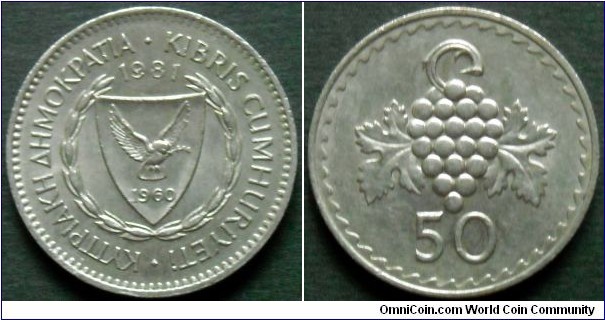 Cyprus 50 mils.
1981, Cu-ni.
Weight; 5,6g.
Diameter; 23,5mm.
Design; William Maring Gardner.
Mint; The Royal Mint, London (Llantrisant)
Mintage: 4.000.000 pieces.