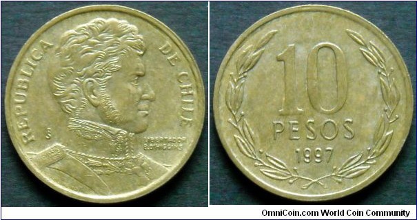 Chile 10 pesos.
1997, Al-br.
Weight; 3,5g.
Diameter; 21mm.