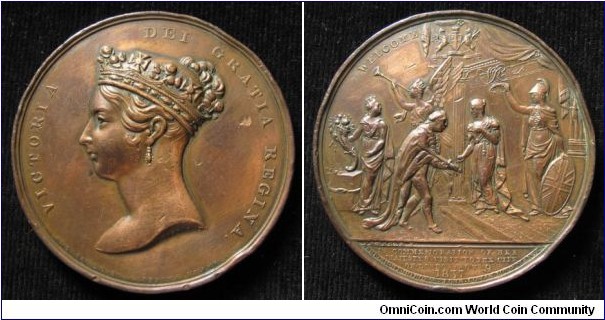 1837 UK Visit of Queen Victoria to the City of London Medal by J. Barber. Bronze: 61MM. 
Obv: Bust of Crowned Victoria to left. Legend VICTORIA DEI GRATIA REGINA. Rev: The Queen, accompanied by Britannia, stands beneath a canopy and is greeted by the Lord Mayer of London. legend WELCOME with coat of arms of London at top. Exerque: IN COMMEMORATION OF HER MAJESTVS VISIT TO THE CITY OF LONDON NOV 9TH 1837.
