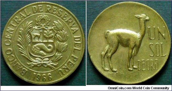Peru 1 Sol de Oro.
1966, Brass.
Weight; 9g.
Diameter; 27mm.
Mintage: 16.410.000 pieces.