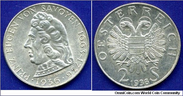 2 schilling.
Austrian Republic.
Prinz Eugen von Savoyen 1663-1736.
Mintage 500,000 units.


Ag640f. 12gr.