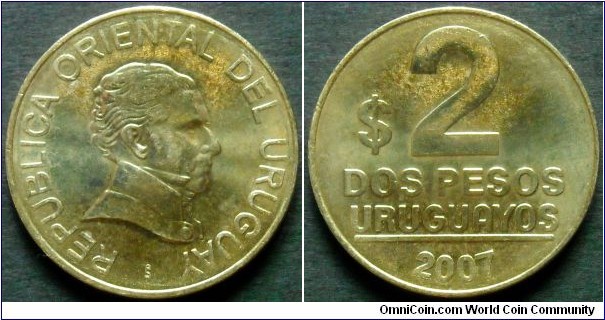 Uruguay 2 pesos.
2007, Struck in Paris Mint but with Santiago mintmark (So)
