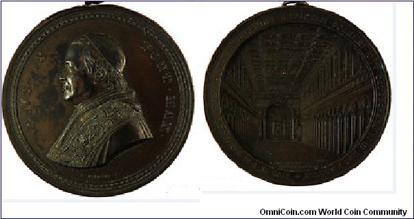 1854 Vatican The Consecration of Saint Paul Basilica Outside the Walls by Ignazio Bianchi Medal. Bronze: 83MM./254.6 gms.
Obv: Bust of Pius IX facing left, wearing zucchetto, mozzetta, and decorative stole, legend PIVS IX PONT . MAX . Signed I. BIANCHI F. Rev: Interior view of the Basilica of Saint Paul Outside the Walls, looking down the central nave towards the apse. Legend PIVS.IX.P.M.BASILICAM.PAVLI.APOST.AB.INCENDIO.REFECTAM.SOLEMNI.RITV.CONSECRAVIT..IV.ID..DEC.MDCCCLIV. In exergue AL.POLETTI.ARCH.INV. At the base floor, I.BIANCHI.FECIT.
