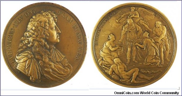 1667 France Louis XIV Prise de Tounai Medal by Scaldis. Bronze: 89MM.
Obv: Protrait of Loius XIV to right. Legend LVDOVICVS.XIV.D.G.FRAN.ET.NAV.REX. Rev: Prise de Tournai. Legend CIVITATES TORNACENCIS ET.  CVRTR ACENCIS. Signed SCALDIS. 

