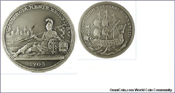 1703 France Toulouse, Chambre De Commerce Medal by Coffret D'Origine. Silver: 37MM.
Obv: Warrior seated on shore holding flag supported by 2 shields. City background. Legend COMMERCIA MENTE REGUNTUR. Exergue: 1703.  Rev: Warship on rough sea. Legend CONCILIUM TOLOSANI COMMERCIT.
