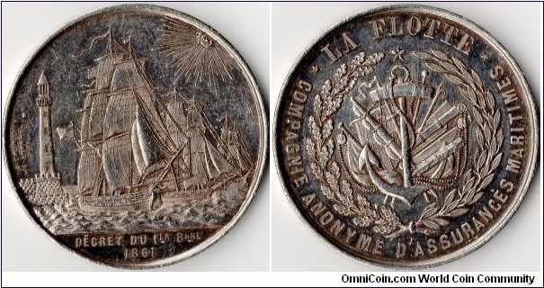 Very scarce silver jeton issued for `La Flotte' a french maritime assurer. These silver `jetons de presence' were given to directors and company officials for their attendance at board meetings and similar. This jeton design was also struck in bronze. It is rarely seen on the market.