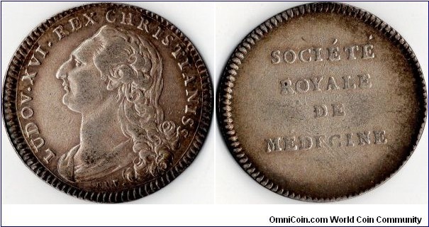 1770's example of silver jeton issued to the administration of the `Societe Royale de Medecine' (Paris) by Louis XVI circa 1770