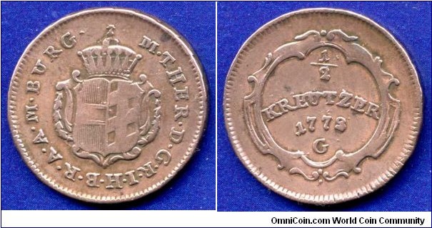 1/2 kreuzer.
Burgau.
Maria Theresia (1745-1780), Empress of Holy Roman Empire.
*G* - Günzburg mint.


Cu.