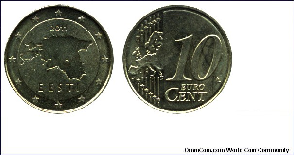 Estonia, 10 cents, 2011, Cu-Al-Zn-Sn, 19.75mm, 4.1g, Map of Estonia.