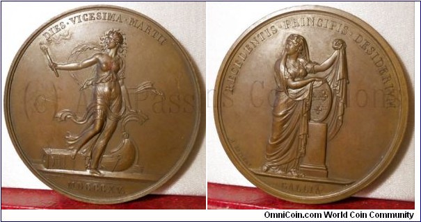 1815 France Departure of Louis XVIII from Paris Medal by Jeuffroy & Andrieu. Bronze: 50MM./50 gms.
Obv: La discorder descendant d'une galere. Legend DIES.VICESIMA.MARTII. Exergue JEUFFROY F. MDCCCXV. Rev: La France en deuil. Legend RECEDENTIS.PRINCIPIS.DESIDERIVM. In the field ANDRIEU.F. Exergue GALLIA.
